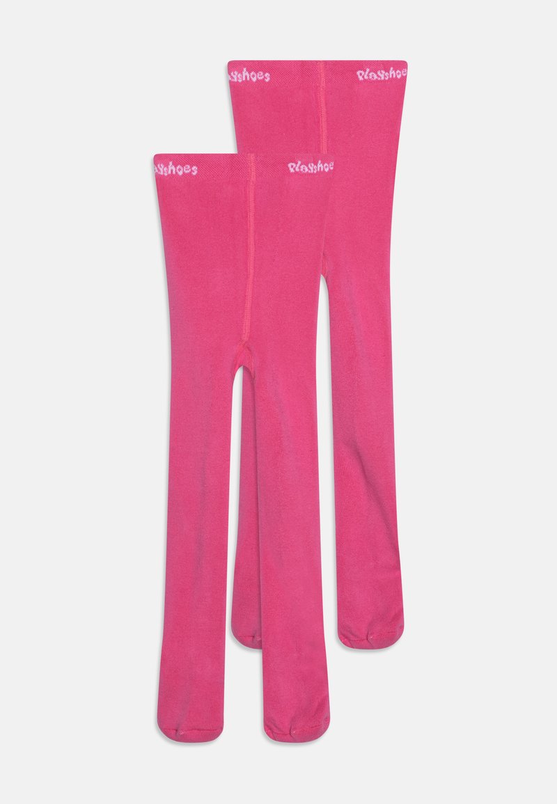 Leggings cor-de-rosa feitos de um material macio e elástico com um design sem costura, apresentando um logótipo na cintura e uma textura suave.