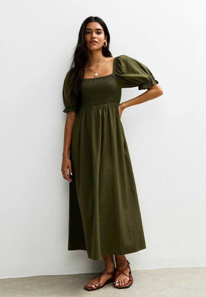 olive green puff sleeve dress Cut-Away Collar Shift Dress main image 1