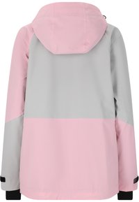 Grå och rosa vattentät jacka med huva och långa ärmar. Har en färgblockeringsdesign med elastiska ärmar och rak nederkant.