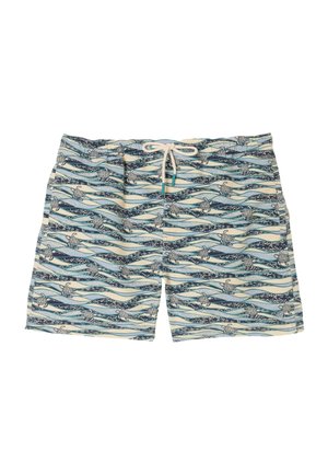 Men's swim shorts with blue and cream wave pattern and small sea turtle designs, featuring a white drawstring at the waist.