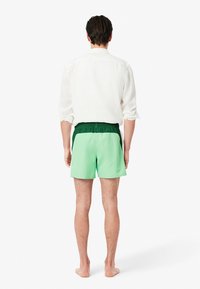Shorts de bain vert menthe avec une ceinture élastique noire, affichant des panneaux latéraux contrastés, associés à une chemise de couleur claire.