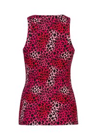Mouwloze tanktop van ribbelstof met een levendig roze en zwart luipaardprintpatroon. Gladde textuur, aansluitende pasvorm, ronde hals.