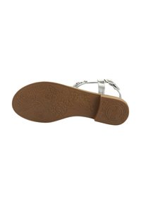 Sandalie plata plate cu o talpă din cauciuc texturat, având un model floral, curea ajustabilă și un superior metalic neted.
