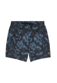 Shorts da bagno da uomo in una combinazione di nero e blu, con un motivo floreale, vita elastica con stringa e tasche laterali.