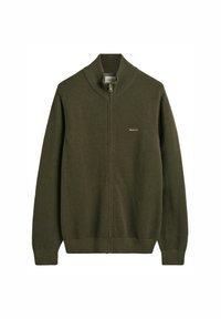Maglione lavorato a maglia verde oliva con colletto alto, zip a tutta lunghezza e polsini a coste. Presenta un motivo testurizzato sottile e un piccolo logo sul petto.