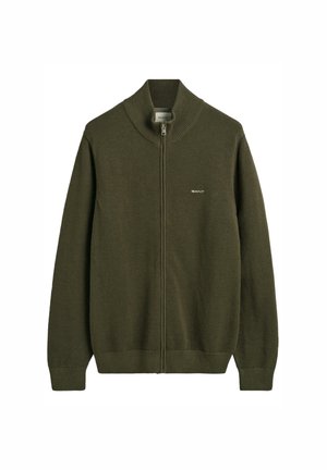 Olive green knitted sweater with a high collar, full zipper, and ribbed cuffs. Features a subtle textured pattern and a small logo on the chest.