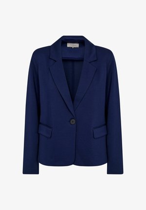 Marineblauwe blazer gemaakt van gladde stof, met een reverskraag, enkelvoudige knoopsluiting en twee voorzakken met klepdetails.