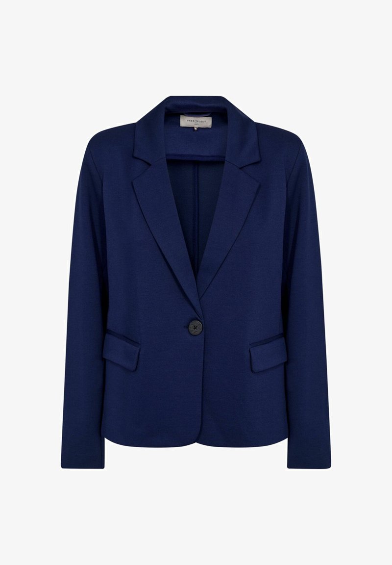 Marineblauwe blazer gemaakt van gladde stof, met een reverskraag, enkelvoudige knoopsluiting en twee voorzakken met klepdetails.