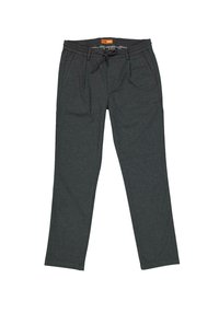 Gray fabric pants with an elastic waistband and drawstring, featuring side pockets and a straight cut design. Smooth texture, no patterns.