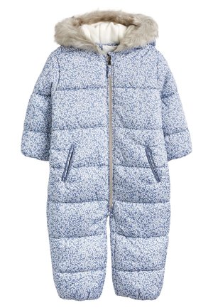 Blå boble-snedragt med blomsterprint, lynlås foran og aftagelig hætte med imiteret pels. Tekstureret vatteret stof med sidelommer.