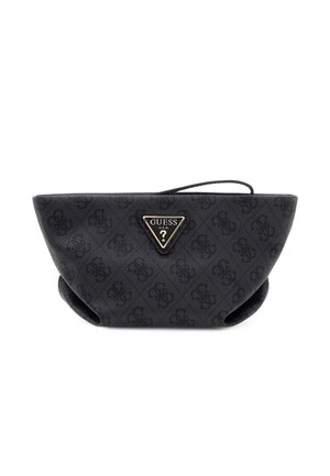 Black fabric handbag with embossed pattern, triangular logo accent in gold, and curved shape. Textured finish with an adjustable strap.
