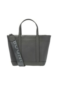 Szara torba typu tote ze skóry o fakturowanej powierzchni, podwójnymi uchwytami, regulowanym paskiem na ramię z napisem "BOGNER" oraz usztywnionym kształtem.