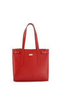 Rote Ledertasche mit zwei langen Griffen, goldenen Hardware-Akzenten und glatter Textur. Sie hat eine rechteckige Form und ein minimalistisches Design.