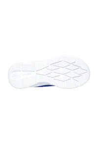 Suela de una zapatilla, predominantemente blanca con un patrón de agarre texturizado. Presenta acentos azules a lo largo de los lados y un logo de marca cerca del talón.