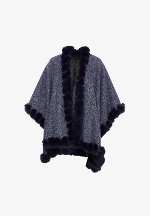 Marine houndstooth poncho met nep bontafwerking, voorzien van een open voorkant en brede mouwen. Textiel met een zachte, comfortabele uitstraling.