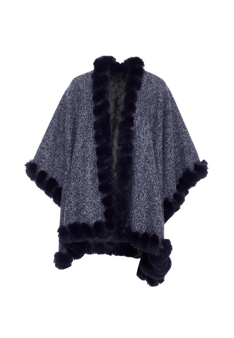 Poncho a scacchi navy con bordo in pelliccia sintetica, caratterizzato da un'apertura frontale e maniche larghe. Tessuto texture con un aspetto morbido e accogliente.