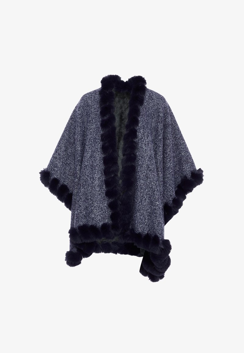 Poncho de espiga en color navy con detalles de piel sintética, que presenta un frente abierto y mangas amplias. Tejido texturizado con una apariencia suave y acogedora.