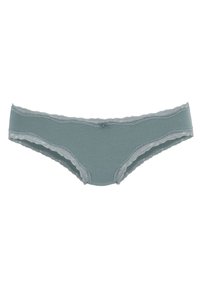 Pāris apakšbikses izturīgā tirkīza krāsā, izgatavotas no mīksta materiāla, ar mežģīņu apdari jostas un kāju malās, ar mazu loku centrā.