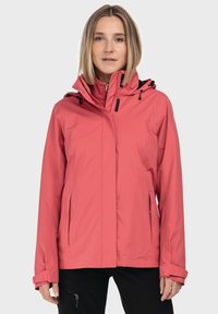 Waterdichte roze jas met een hoge kraag, verstelbare capuchon en ritszakken. Beschikt over een gladde, matte textuur en verzamelde manchetten.