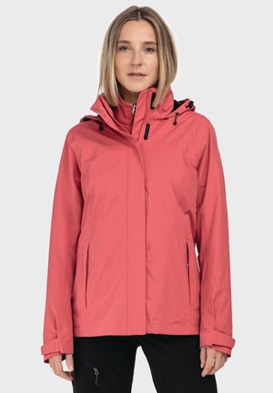 Waterproof pink jacket with a high collar, adjustable hood, and zippered pockets. Features a smooth, matte texture and cinched cuffs.