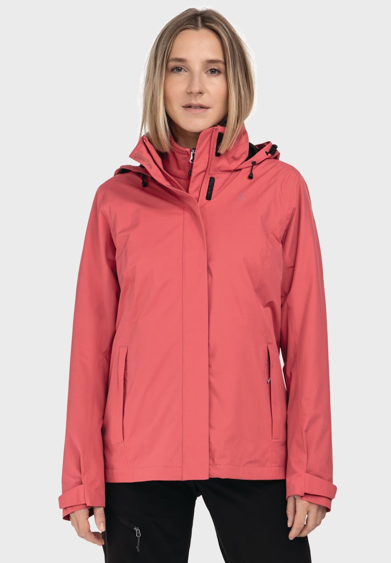 Waterdichte roze jas met een hoge kraag, verstelbare capuchon en ritszakken. Beschikt over een gladde, matte textuur en verzamelde manchetten.