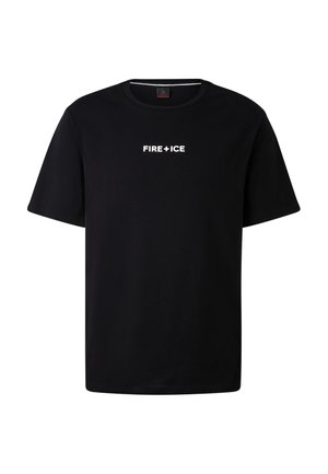 Černé tričko s krátkým rukávem vyrobené z hladké bavlny, se středovým bílým logem "FIRE+ICE" na hrudi v tučném bezpatkovém písmu.
