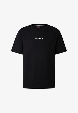 Black short-sleeve t-shirt made of smooth cotton, featuring a white "FIRE+ICE" logo centered on the chest in a bold sans-serif font.