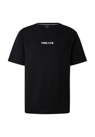 Černé tričko s krátkým rukávem vyrobené z hladké bavlny, se středovým bílým logem "FIRE+ICE" na hrudi v tučném bezpatkovém písmu.