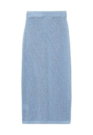 Light blue knitted pencil skirt featuring an open mesh texture. It has a solid waistband and a straight silhouette with no additional patterns.