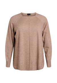 Beige lange mouwen trui met een ronde hals, raglanmouwen en een iets loose fit. Heeft een subtiele textuur en een rechte zoomlijn.