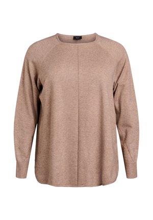 Maglione beige a maniche lunghe con scollatura a girocollo, maniche a raglan e vestibilità leggermente ampia. Presenta una trama sottile e un orlo dritto.
