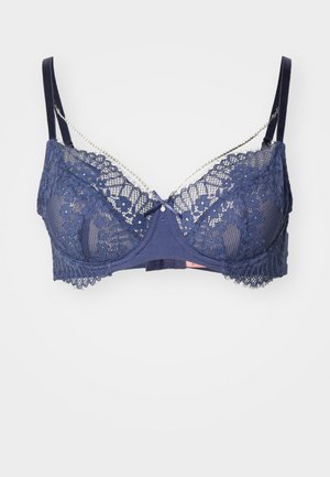 Sujetador azul marino con encaje, con aros y patrón floral, tirantes de satén ajustables, y un lazo central. Espalda de malla suave para mayor comodidad.