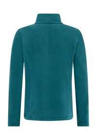 Turquoise fleeced jacket met een hoge kraag, lange mouwen en een gladde textuur. Geen zichtbare hardware of patronen. Zacht en lichtgewicht ontwerp.