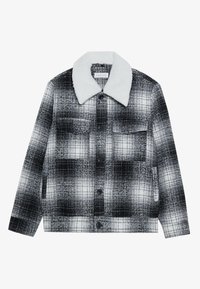 Giacca a quadri in bianco e nero, con colletto in pile bianco, chiusura frontale con bottoni e due tasche sul petto. Tessuto texture.