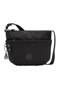 Black nylon bag with geometric pattern, featuring a zippered pocket, adjustable strap, and a metal charm attached to the zipper.