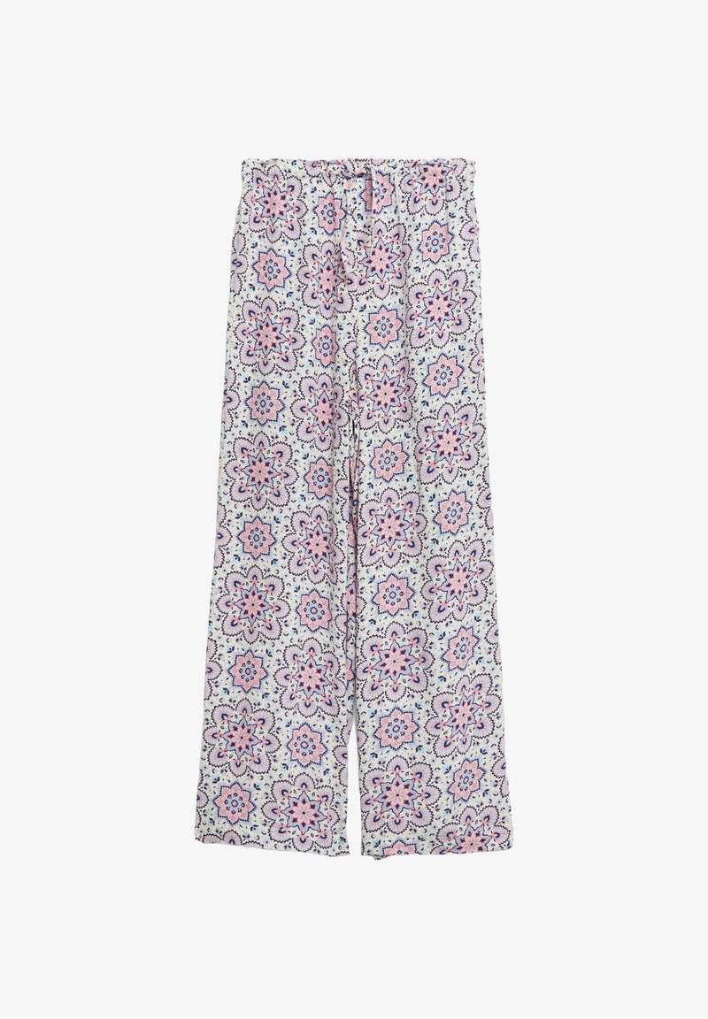Pantalon à jambes larges avec taille élastique, présentant un motif répétitif de mandala floral rose et violet sur fond blanc.