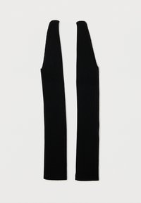 Um par de luvas compridas de malha canelada pretas, sem dedos e com orifício para o polegar, dispostas em plano sobre um fundo branco.