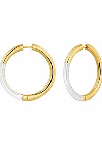 Pendientes de aro en oro y blanco con un diseño suave y redondeado; presentan colores contrastantes y un cierre sin costuras.