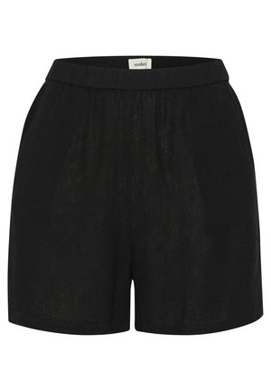 Shorts noirs en tissu léger, dotés d'une taille élastique, d'une texture lisse et d'un design simple sans poches.