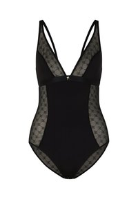 Maillot de bain une pièce noir avec des panneaux latéraux en maille transparente au motif géométrique, décolleté en V plongeant et fines bretelles réglables. Accent métallique discret inclus.
