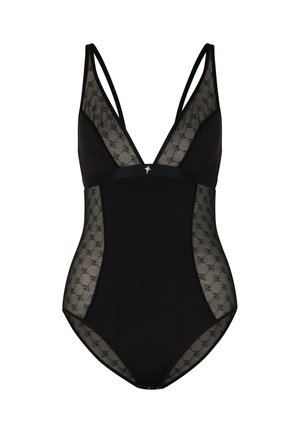 Zwarte een stuk zwemkleding met doorzichtige mesh zijpanelen met een geometrisch patroon, diepe V-hals en dunne verstelbare bandjes. Inclusief kleine metalen accenten.