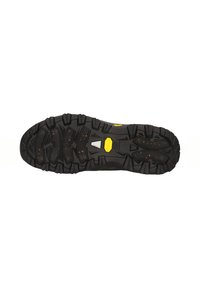 Czarna gumowa podeszwa buta z głębokim bieżnikiem, logo Vibram oraz pomarańczowymi plamkami. Zawiera wielokierunkowy wzór, który zwiększa przyczepność.