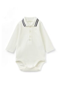 Body bianco a maniche lunghe con colletto a righe blu, pattina con tre bottoni e chiusure a scatto nella parte inferiore. Materiale in cotone morbido.