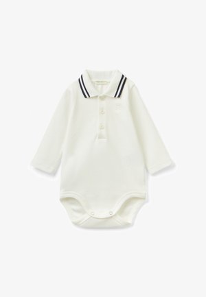 White long-sleeve polo onesie with navy striped collar, three-button placket, and snap closures at the bottom. Soft cotton material.