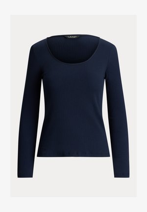 Granatowy, prążkowany longsleeve z dekoltem w kształcie łódki i dopasowanym krojem.
