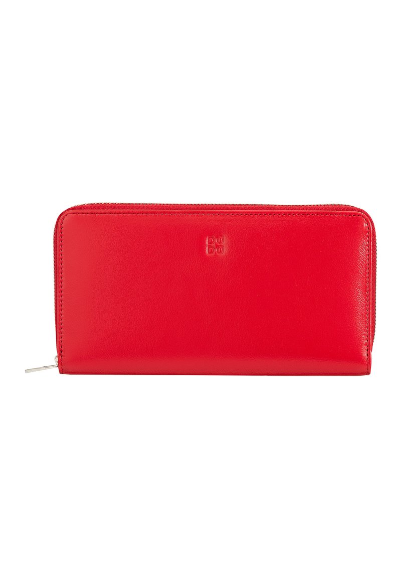 Red leather wallet with a smooth texture, zip closure, and embossed logo. Rectangular shape with precise stitching along the edges.