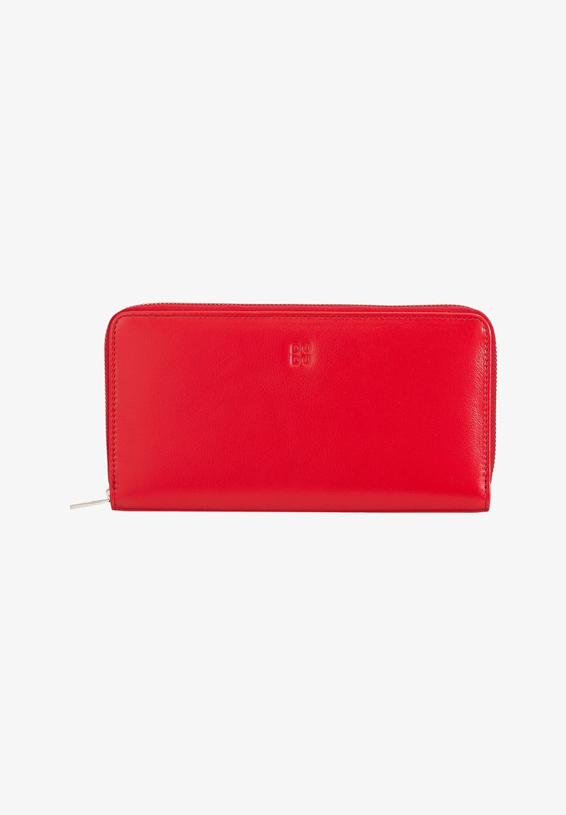 Red leather wallet with a smooth texture, zip closure, and embossed logo. Rectangular shape with precise stitching along the edges.