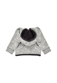 Grauer Hoodie mit Dinosaurier-Muster, ausgestattet mit einer dunklen Innenseite der Kapuze, Rippbündchen und einer weichen Textur. Reißverschlussdetail am Hals.