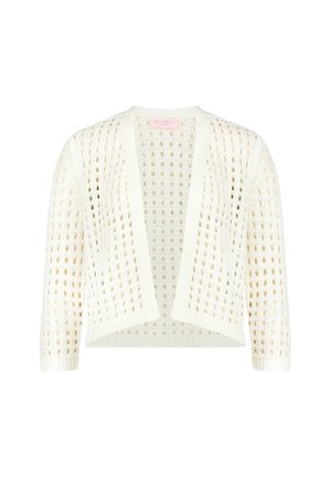 Witte opengewerkte gebreide cardigan met open voorkant, driekwartmouwen en een vierkant opengewerkt patroon over het hele kledingstuk.
