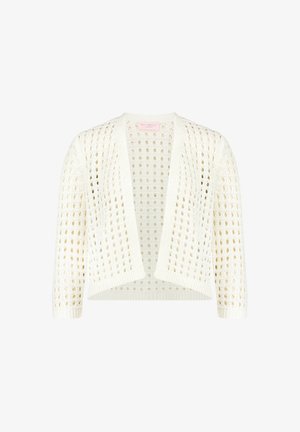 Witte opengewerkte gebreide cardigan met open voorkant, driekwartmouwen en een vierkant opengewerkt patroon over het hele kledingstuk.